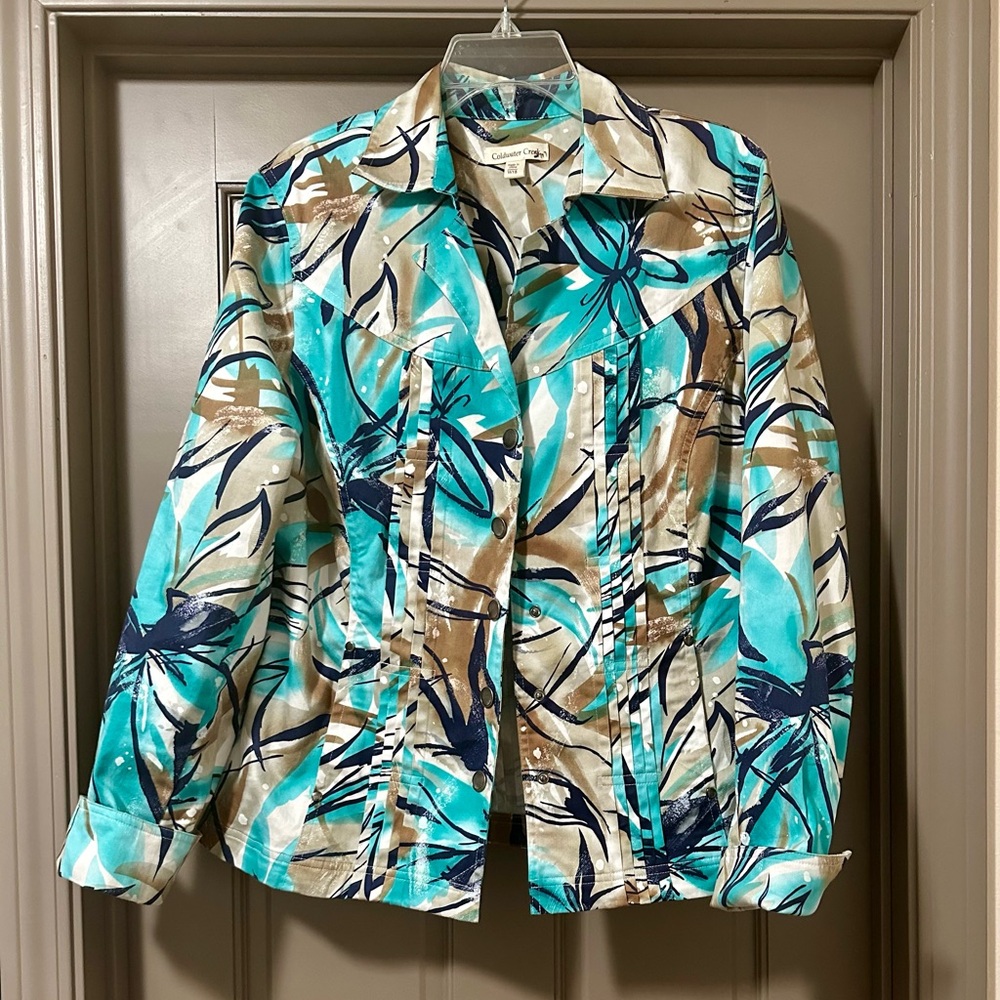 Coldwater Creek Teal and Beige Floral Jacket Size 18 XL 1X